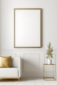 Vertical empty gold picture frame mockup in minimalist room with couch, pillow, potted plant on white wall background, illustration for design, wall art, template