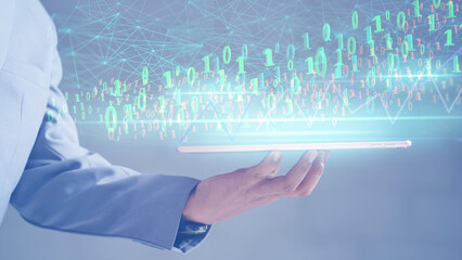 Blockchain technology and blockchain network business banner ideas Global cryptocurrency blockchain title. Blockchain title side view with 0's and 1's flying on top. image of investors