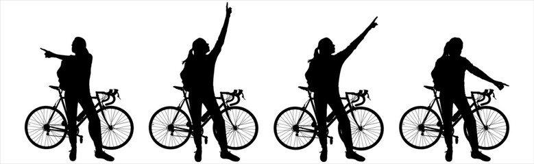The cyclist indicates with his hand the direction to the sides. Route search. A girl with a big backpack behind her back is standing near the bike. Side view. Four black silhouettes isolated on white