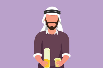 Character flat drawing portrait of Arab man holding bottle of orange juice in one hand and glass in other hand while having breakfast in morning. Male feels thirsty. Cartoon design vector illustration