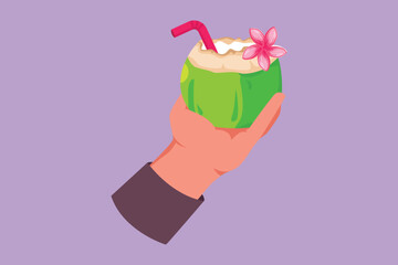 Graphic flat design drawing hand holding green coconuts with drinking straw and flower. Relieves thirst and dehydration in hot summer. Coconut water for healthy life. Cartoon style vector illustration
