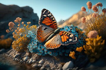 Fototapeta na wymiar colorful butterfly surrounded by flowers side on rock and river. Generative AI