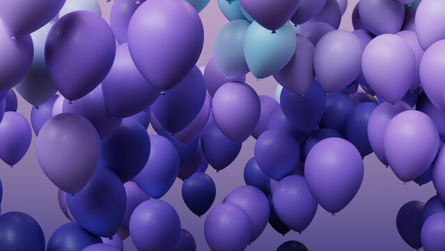Youthful Party Background, with Blue, Purple and Turquoise Balloons. 3D Render.