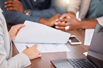 Black couple holding hands, financial advisor and investment planning with bank documents and...