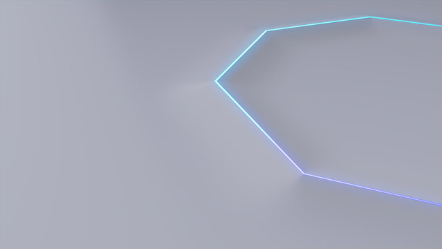 White Surface with Embossed Shape and Blue Illuminated Trim. Tech Background with Neon Octagon. 3D Render.