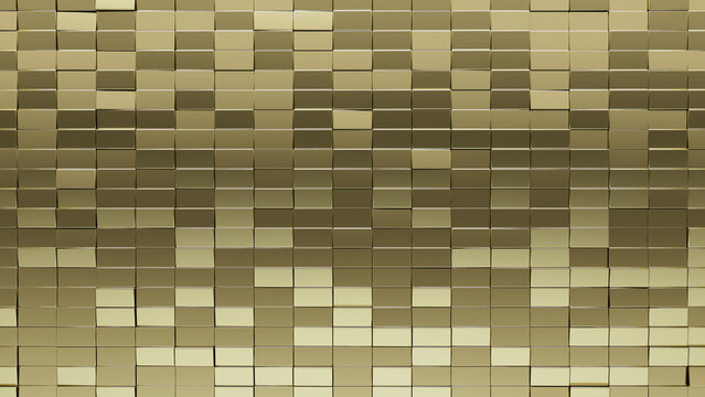 Rectangular, Polished Wall background with tiles. 3D, tile Wallpaper with Glossy, Gold blocks. 3D Render