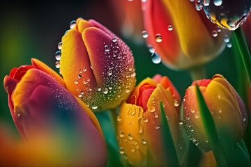 Fresh Tulips with Dew Drops. Tulip flowers in the garden. Beautiful Spring background with tulips. generative AI	
