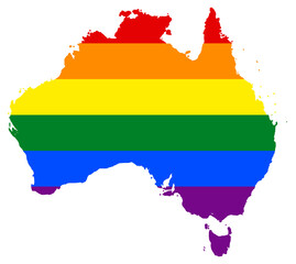 LGBT flag map of the Australia. PNG rainbow map of the Australia in colors of LGBT (lesbian, gay, bisexual, and transgender) pride flag.