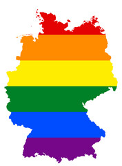 Obraz premium LGBT flag map of the Germany. PNG rainbow map of the Germany in colors of LGBT (lesbian, gay, bisexual, and transgender) pride flag.