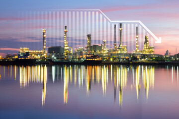 Naklejka premium Oil gas refinery or petrochemical plant. Include arrow, graph or bar chart. Decrease trend or low of production, market price, demand, supply. Concept of business, industry, fuel, power energy.