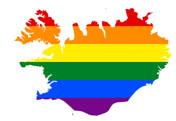 LGBT flag map of the Iceland. PNG rainbow map of the Iceland in colors of LGBT (lesbian, gay, bisexual, and transgender) pride flag.
