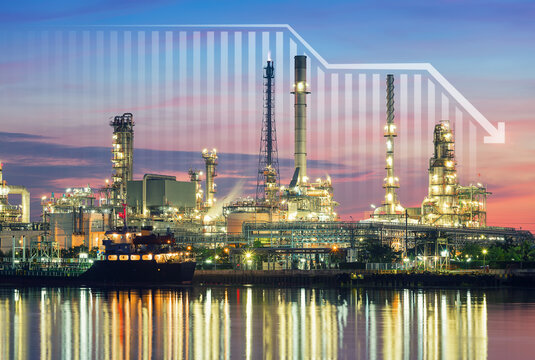 Oil gas refinery or petrochemical plant. Include arrow, graph or bar chart. Decrease trend or low of production, market price, demand, supply. Concept of business, industry, fuel, power energy.