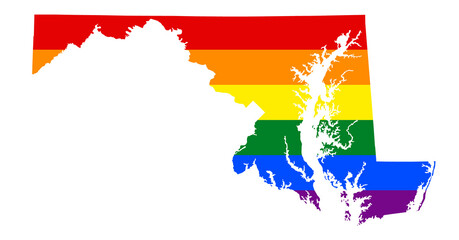 LGBT flag map of the Maryland. PNG rainbow map of the Maryland in colors of LGBT (lesbian, gay, bisexual, and transgender) pride flag.