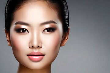Fototapeta premium Portrait of beautiful smiling young Asian model looking at camera with clean healthy facial skin. Skin care. generative AI