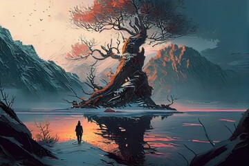 Fototapeta premium Winter landscape with mountains, frozen lake with reflections, and bonsai tree. Generative AI.