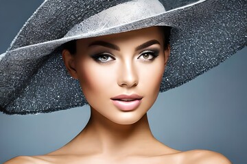 Portrait of a beautiful young model in a hat with clean healthy facial skin. Skin care. generative AI