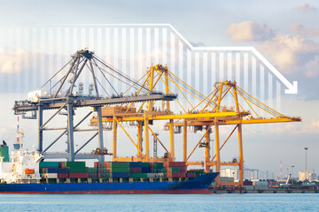 Cargo ship, cargo container work with crane at dock, port or harbour. Freight transport with drop arrow, decrease graph or bar chart. Concept for business, import export, market, trade, demand, supply