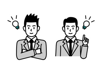 Cartoon stock illustration expressing corporate business men in positive and confident poses. Illustrations related to business, corporate, finance, asset management, and education