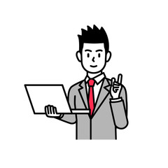 Cartoon illustration of a businessman holding a laptop and explaining. Illustration related to business, education, campaign, etc.