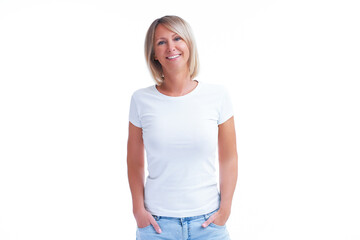 Obraz premium Picture of blonde woman over back isolated background making happy faces