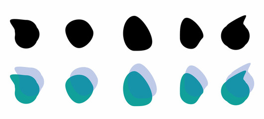 a set of random blurry liquid spots, patterns, smooth shapeless lines of simple blots highlighted on a white background