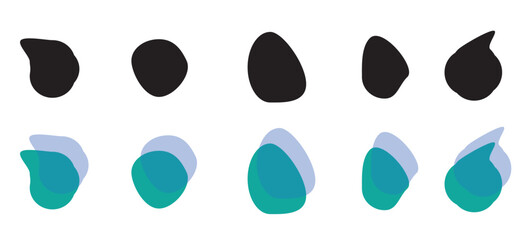 a set of random blurry liquid spots, patterns, smooth shapeless lines of simple blots highlighted on a white background