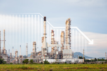 Oil gas refinery or petrochemical plant. Include arrow, graph or bar chart. Decrease trend or low...