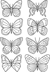 Hand drawn vector butterfly set. Doodle style, line art. Black and white illustrations
