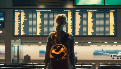 Take Off with Ease, Woman Checking Flight Departures at Airport, Generative AI