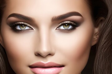 Fototapeta premium Portrait of smiling beautiful young woman model with green eyes looking at camera with clean healthy facial skin. Skin care. generative AI