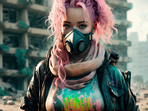 A pink-haired girl in a destroyed city. Post-apocalyptic landscape in the city. Beautiful girl in camouflage. Girl in a gas mask. Generative AI
