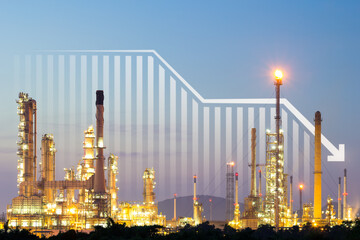 Obraz na płótnie Canvas Oil gas refinery or petrochemical plant. Include arrow, graph or bar chart. Decrease trend or low of production, market price, demand, supply. Concept of business, industry, fuel, power energy. 