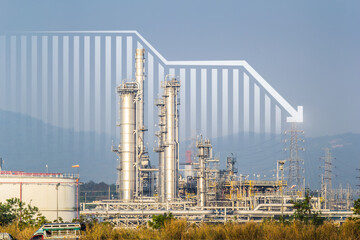 Oil gas refinery or petrochemical plant. Include arrow, graph or bar chart. Decrease trend or low...