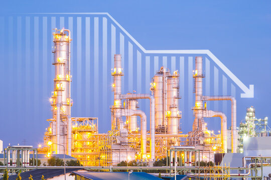 Oil gas refinery or petrochemical plant. Include arrow, graph or bar chart. Decrease trend or low of production, market price, demand, supply. Concept of business, industry, fuel, power energy.
