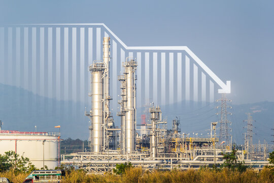 Oil gas refinery or petrochemical plant. Include arrow, graph or bar chart. Decrease trend or low of production, market price, demand, supply. Concept of business, industry, fuel, power energy.

