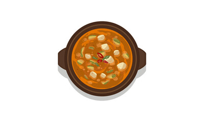 한국 국 음식 된장찌개, 된장국, 배경 분리되는 한국 요리 일러스트 이미지 korean food bean paste soup, doenjang soup, stew jjigae illustration