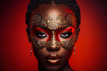 Sexy black woman wearing a carnival mask, red and golden color, generative ai