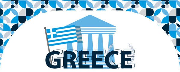 greece independence day banner with greek flag colors theme background and geometric abstract retro modern design. Multiple landscapes of greece, celebration of independence day.
