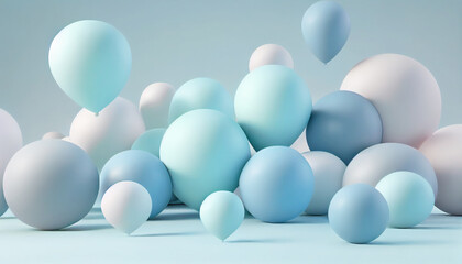 Abstract background with dynamic light blue 3d ballons. Mate balls. 3D illustration.