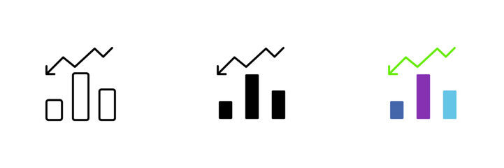 Chart icon with down arrow. Losses, failed investment, bad financial quarter. Vector set of icons in line, black and colorful styles isolated on white background.