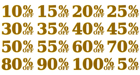 Collection of discounts with numbers and percent off isolated. Set of golden mumber with percentage sign. png transparent