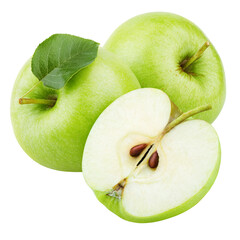 Group of ripe green apple fruits with apple half and green leaf isolated on transparent background.