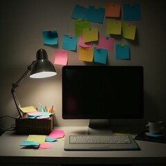 Home Office Desk With Lamp and Post-It Notes On Wall Generative AI