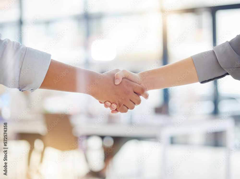 Poster Handshake closeup, partnership and business meeting, collaboration or b2b welcome, thank you and success. People shaking hands for job interview, career promotion or hiring deal in office emoji sign