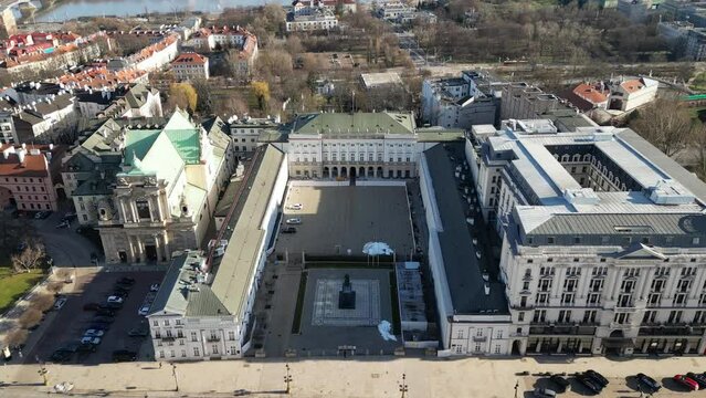 Aerial shot of Palac Prezydencki (Presidential Palace) in Warsaw city, Poland