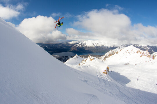 Professional Skier Piers Solomon Hits A Backcountry Jump And Catches A Big Air In The Backcountry Around Cerro Catedral In Argentina