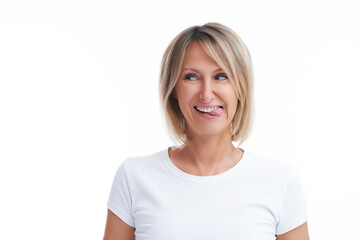 Fototapeta premium Picture of blonde woman over back isolated background