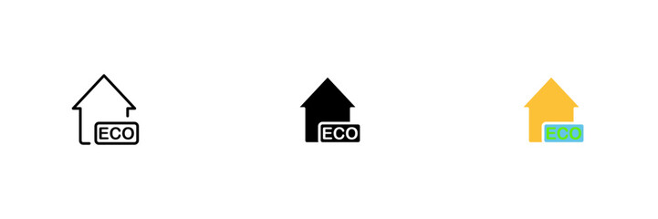 Building icon with eco inscription. House made of environmentally friendly materials. Vector set of icons in line, black and colorful styles isolated on white background.