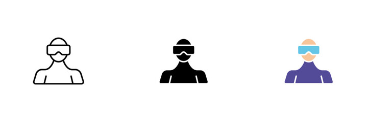 Icon of a person with virtual reality glasses. Gaming, 360 degree view. Vector set of icons in line, black and colorful styles isolated on white background.