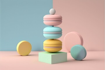 Minimalist 3D render of a pastel-colored macaron tower | soft pop | generative AI